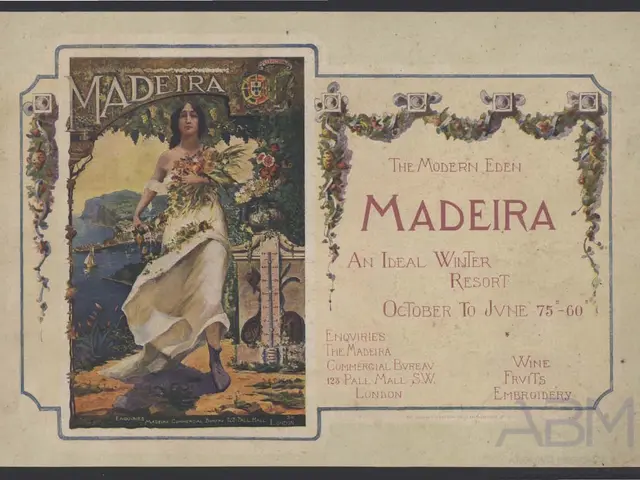 The image shows an advertisement for Madeira, an ideal winter resort, featuring a woman holding a...