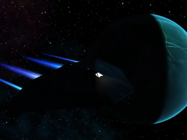 The image shows an artist's impression of a spaceship flying over a planet in space, with a dark...