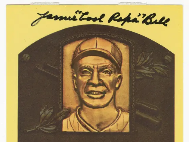The image shows a poster of James Thomas Bell, a legendary baseball player, with a baseball card...