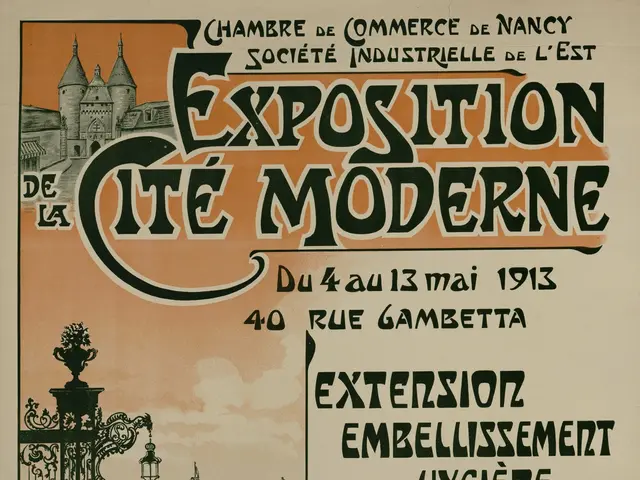 The image shows a poster advertising an exhibition in the city of Cite Moderne. It features a...