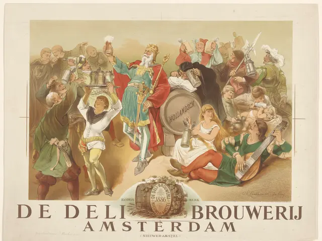 The image shows a poster advertising a beer in Amsterdam, Netherlands. It features a group of...
