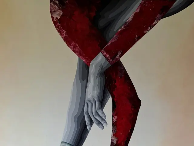 The image shows a painting of a ballerina in a red tutu and pointes, with her legs gracefully posed...