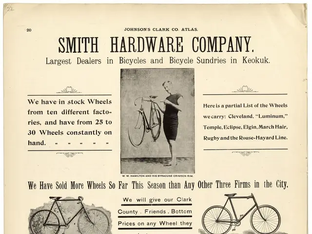 The image shows an advertisement for Smith Hardware Co. featuring a person holding a bicycle with a...
