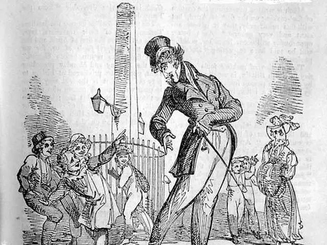 The image shows a cartoon of a man in a top hat and tails standing in front of a crowd of people,...