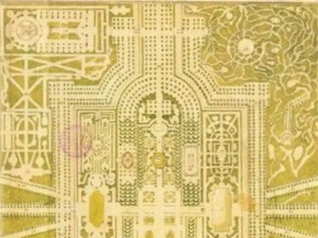 The image shows a drawing of a plan of a building with a lot of intricate designs on it. The text...