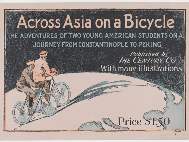 The image shows two young American students riding bicycles across Asia on a bicycle, with the...