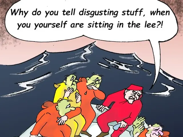 The image shows a cartoon of a group of people sitting on top of a boat in the water, with a bucket...