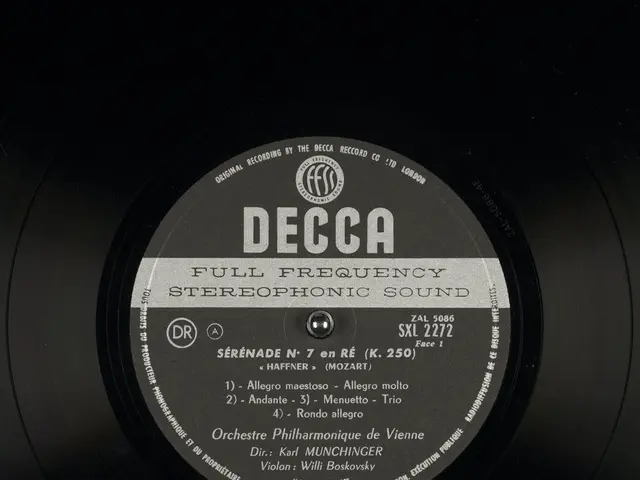 The image shows a black vinyl record with the words "Decca Full Frequency Stereophonic Sound"...