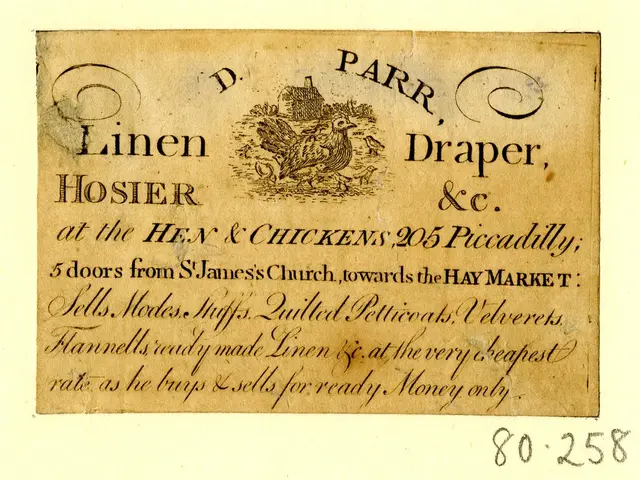 The image shows an old business card with a picture of a chicken on it. The card has text written...