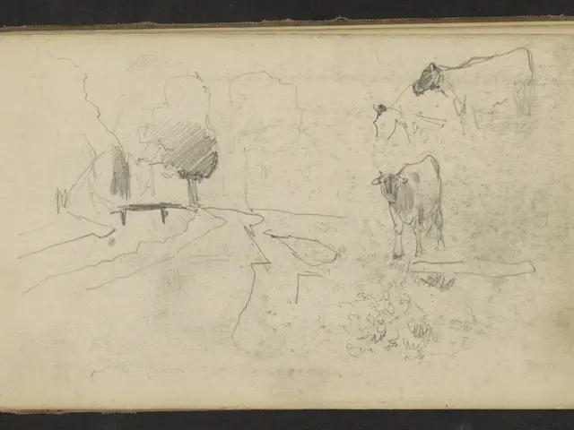 The image shows an open book with a drawing of two cows grazing in a field, surrounded by trees and...