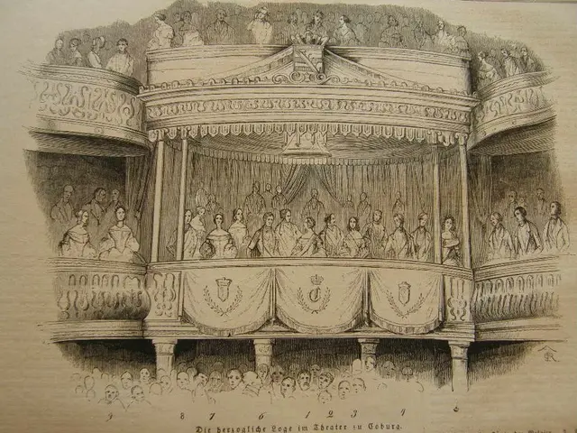 The image shows an engraving of a stage with a crowd of people gathered around it. At the bottom of...