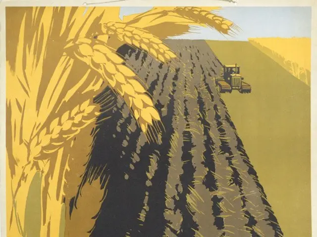 The image shows a poster with a picture of a field of wheat and a tractor in the background. The...