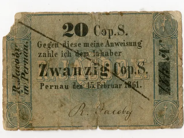 The image shows an old German 20 cops banknote from 1861 with a white background. The paper has...