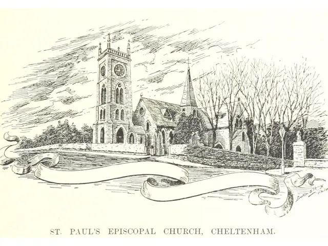 The image shows a drawing of St. Paul's Episcopal Church in Cheltenham, England, with a few trees...