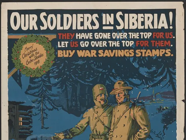 The image shows a poster with two people standing in the snow, surrounded by trees and a house in...