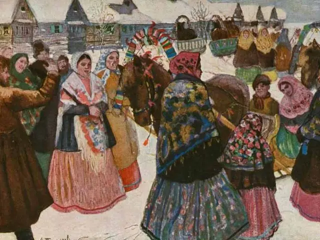 The image shows a painting of a group of people dancing in the snow, with a horse in the foreground...