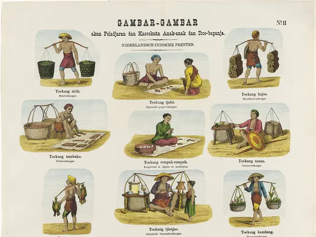 The image shows a paper with pictures of people, baskets, and text on it, depicting a group of...