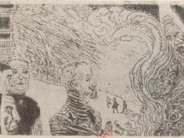 The image shows a black and white drawing of a man and a woman standing in front of a building,...