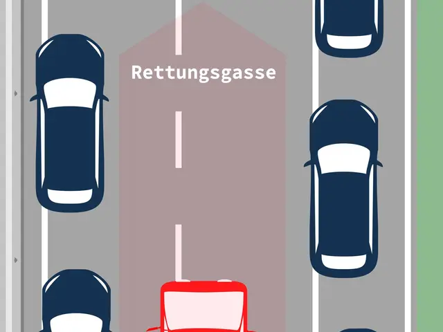The image shows a red car driving down a street with the words "Rettungsgasse" on it, indicating...