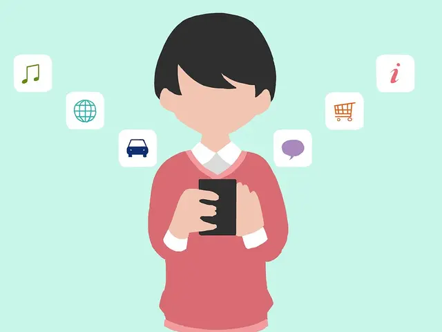 The image shows an animated person holding a smart phone with various icons coming out of it,...