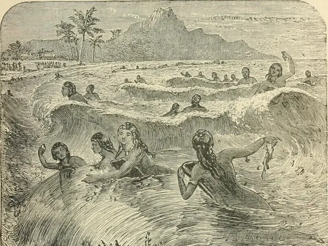 The image shows a group of people swimming in the ocean, surrounded by trees, hills, and a clear...