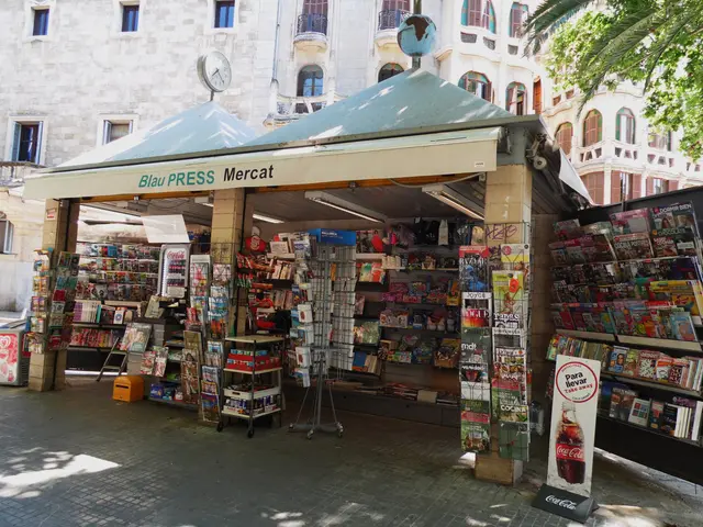 The image shows a bookshop in the middle of a city street, surrounded by buildings with windows,...