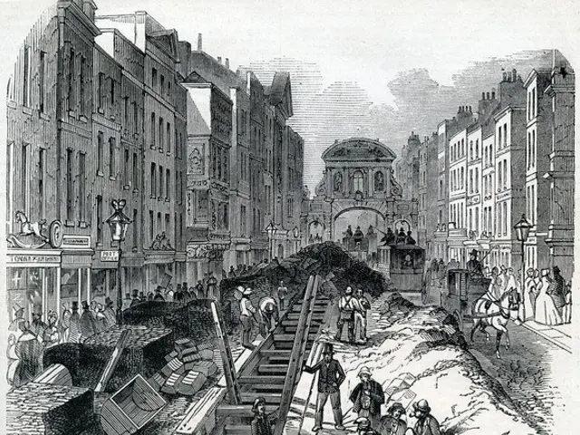 The image shows a black and white drawing of a city street with people walking down it. On either...