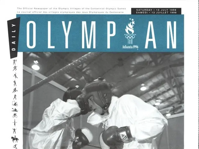 The image shows a black and white photo of two boxers in a boxing ring, wearing helmets and gloves....