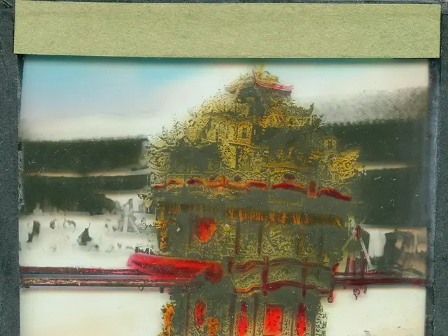 The image shows a photo frame with a painting of a temple in the snow. The temple is surrounded by...