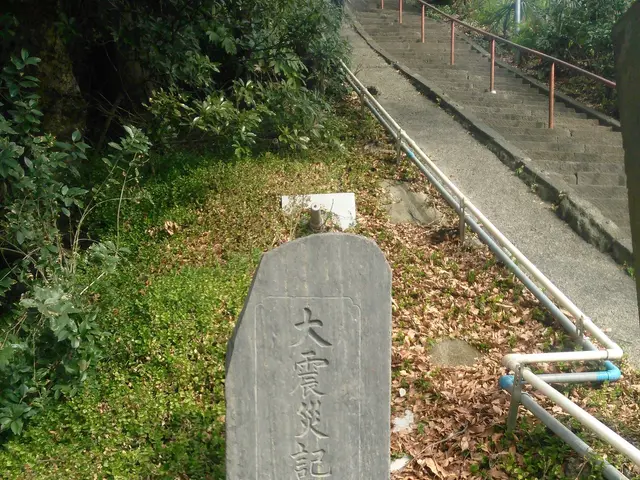 The image shows a gravestone with Chinese writing on it in the middle of a forest, surrounded by...