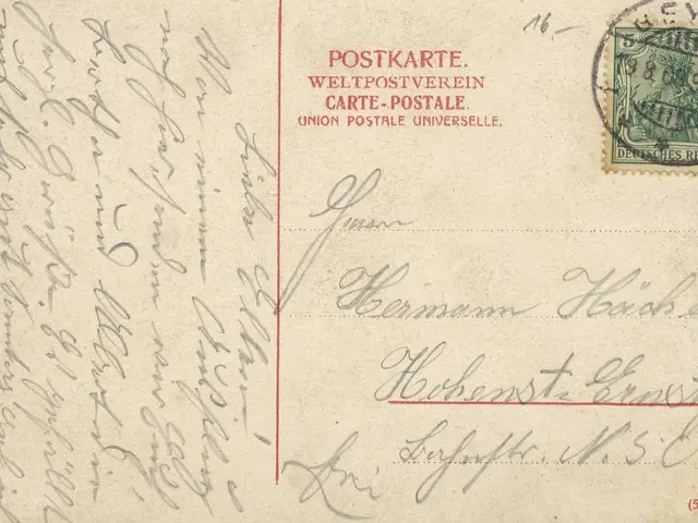The image shows an old postcard with a stamp on it, which is an envelope from Germany to Germany,...