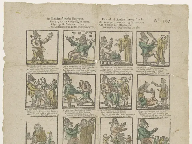 The image shows a page from a book with a drawing of a man in a hat and a woman in a dress, both of...
