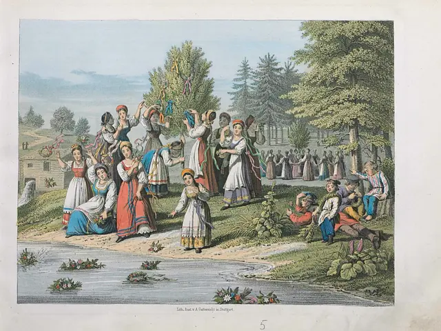 The image shows a group of people in traditional Hungarian clothing standing next to a river,...