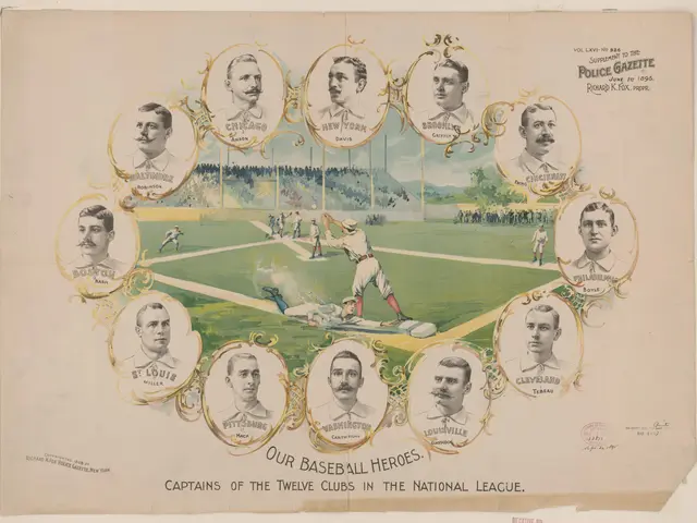 The image shows a poster with a group of baseball players on a field, surrounded by a crowd of...