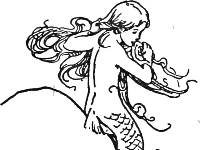 The image shows a black and white drawing of a mermaid with long hair, set against a white...