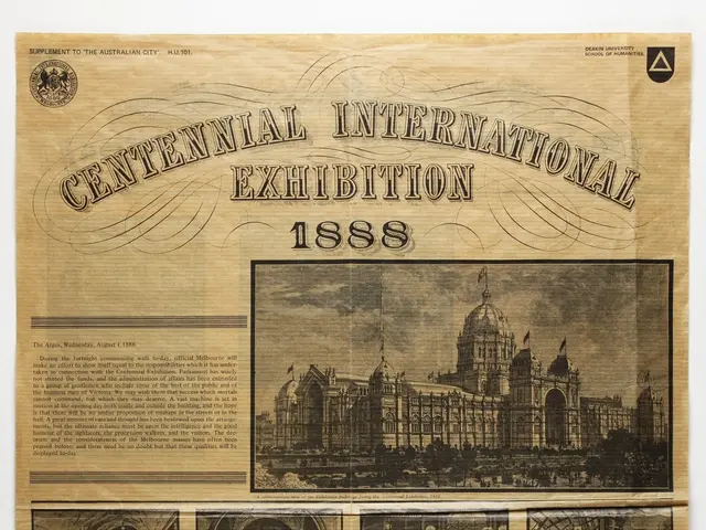 The image shows a poster for the Centennial International Exhibition in 1858, featuring pictures of...