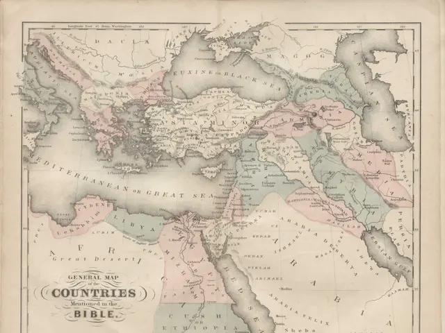 The image shows an old book with a map of the Middle East on it. The map is detailed and shows the...