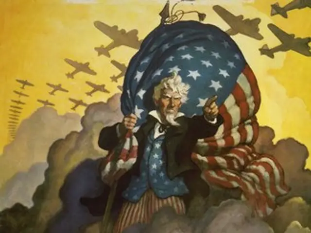 The image shows a poster with a man holding an American flag in the center, surrounded by people...