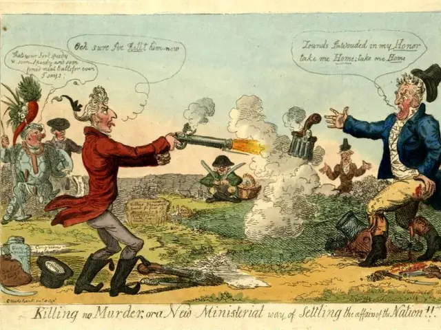 The image shows a cartoon depicting a man in a red coat and hat holding a gun, surrounded by a...