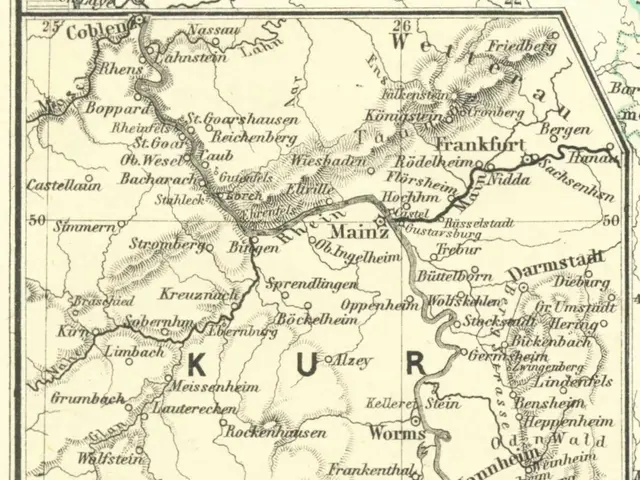 The image shows an old map of the Rhine River in Germany, with text at the top and bottom of the...