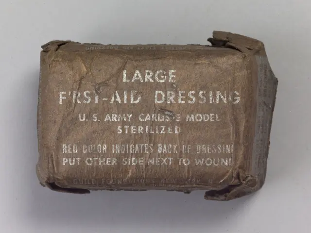The image shows a large first-aid dressing box on a white surface. The box is rectangular in shape...