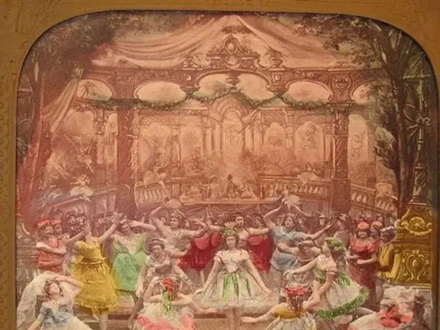 The image shows a painting of a group of people dancing on a stage, with some of them wearing...