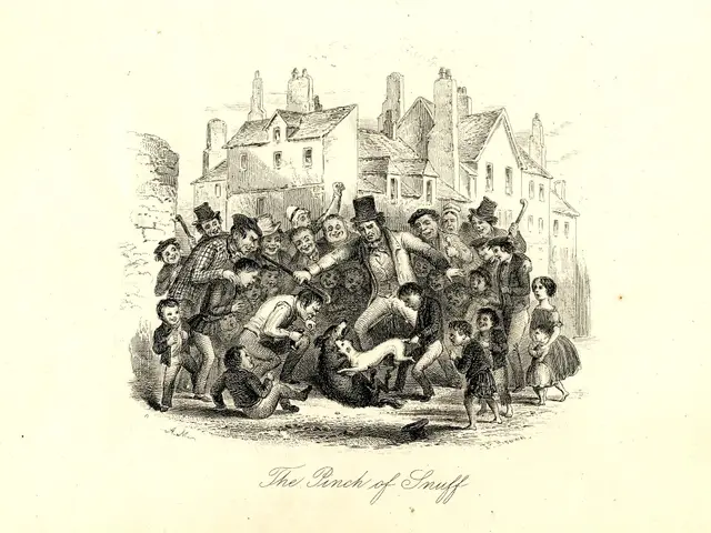 The image shows a group of people standing in front of a building, with some of them holding dogs....