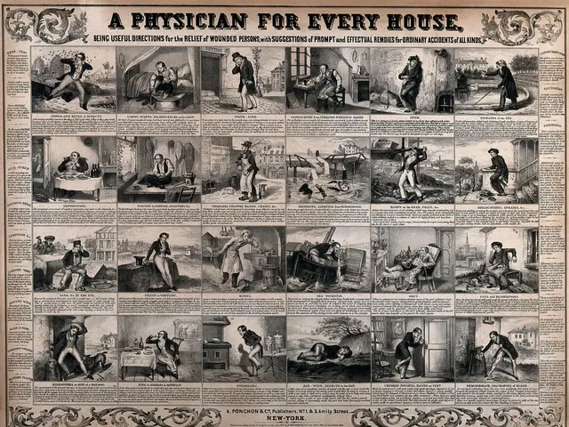 The image shows an old newspaper with a variety of pictures and text on it, depicting a physician...