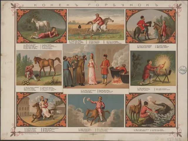 The image shows a group of people riding horses in a field, with trees, buildings, and other...