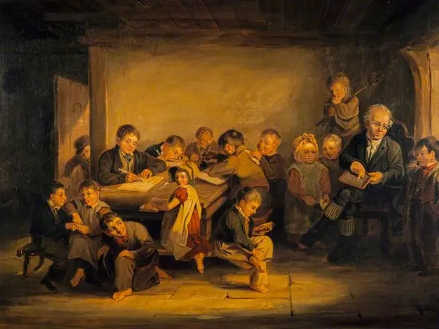 The image shows a painting of a group of children sitting around a table in a room, with some of...