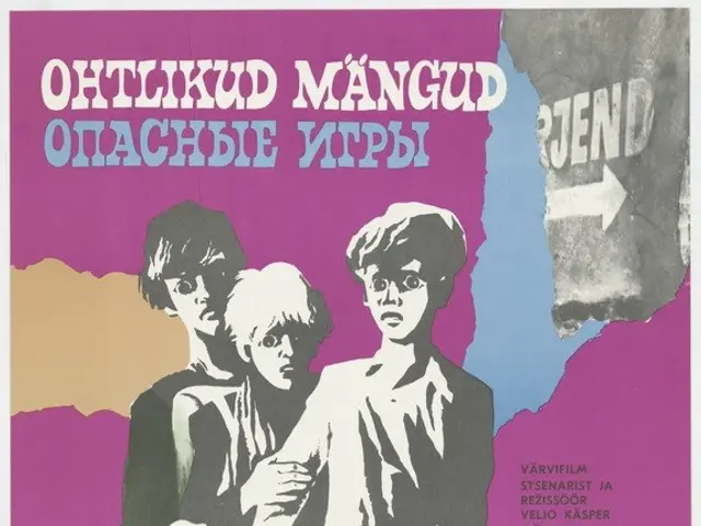 The image shows a Russian movie poster for the film Ohtikud Mangud, featuring three people standing...