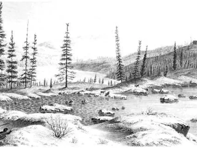 The image shows a black and white drawing of a man fishing in a river surrounded by trees, plants,...