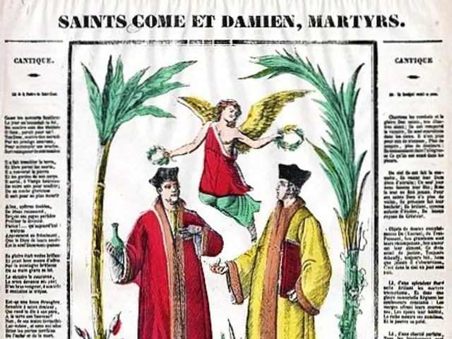 The image shows a paper with text and pictures of people, plants, and an angel. The text reads...