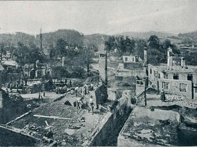 The image shows a black and white photo of a city with a lot of buildings, trees, people, poles,...